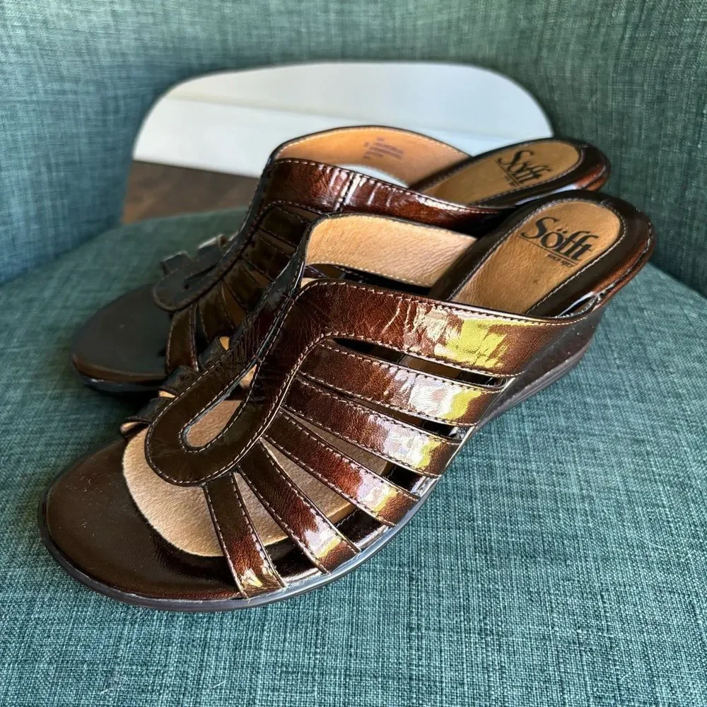 Sofft Women’s shiny leather brown wedge heel light weight comfortable size 8 EUC